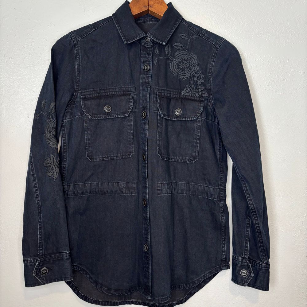 Gap Women's XS Black Denim Coat Embroidered Button Up Long Grunge Jacket‎ Whimsy